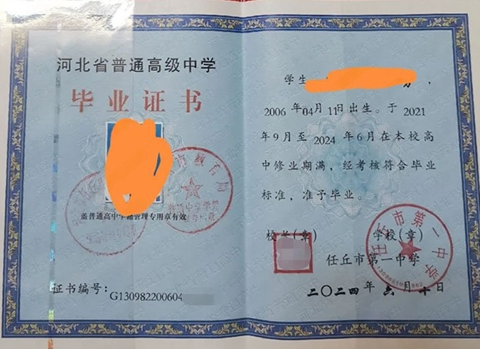 山南任丘市第一中学高中毕业证样本图片